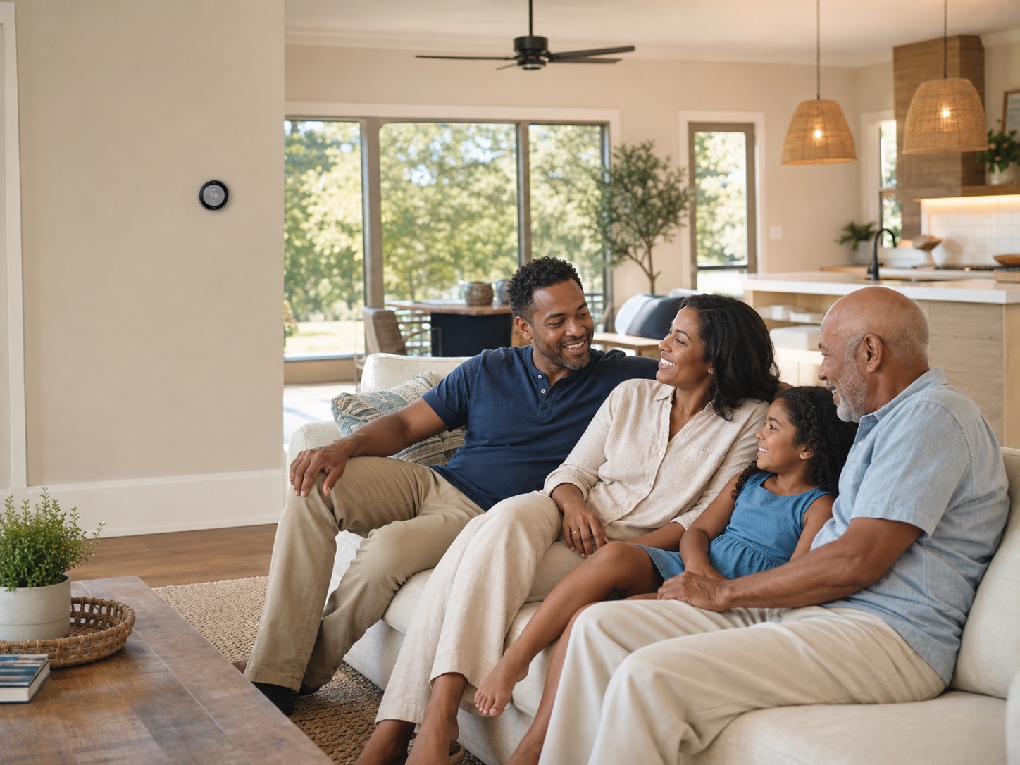 Family relaxing comfortably in a cool home