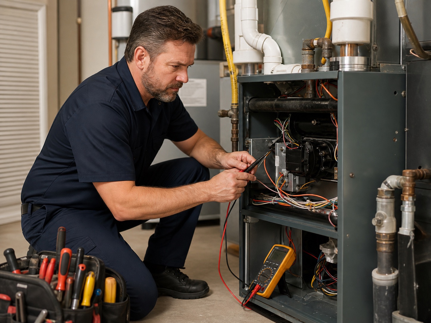 HVAC technician diagnosing a residential heating system